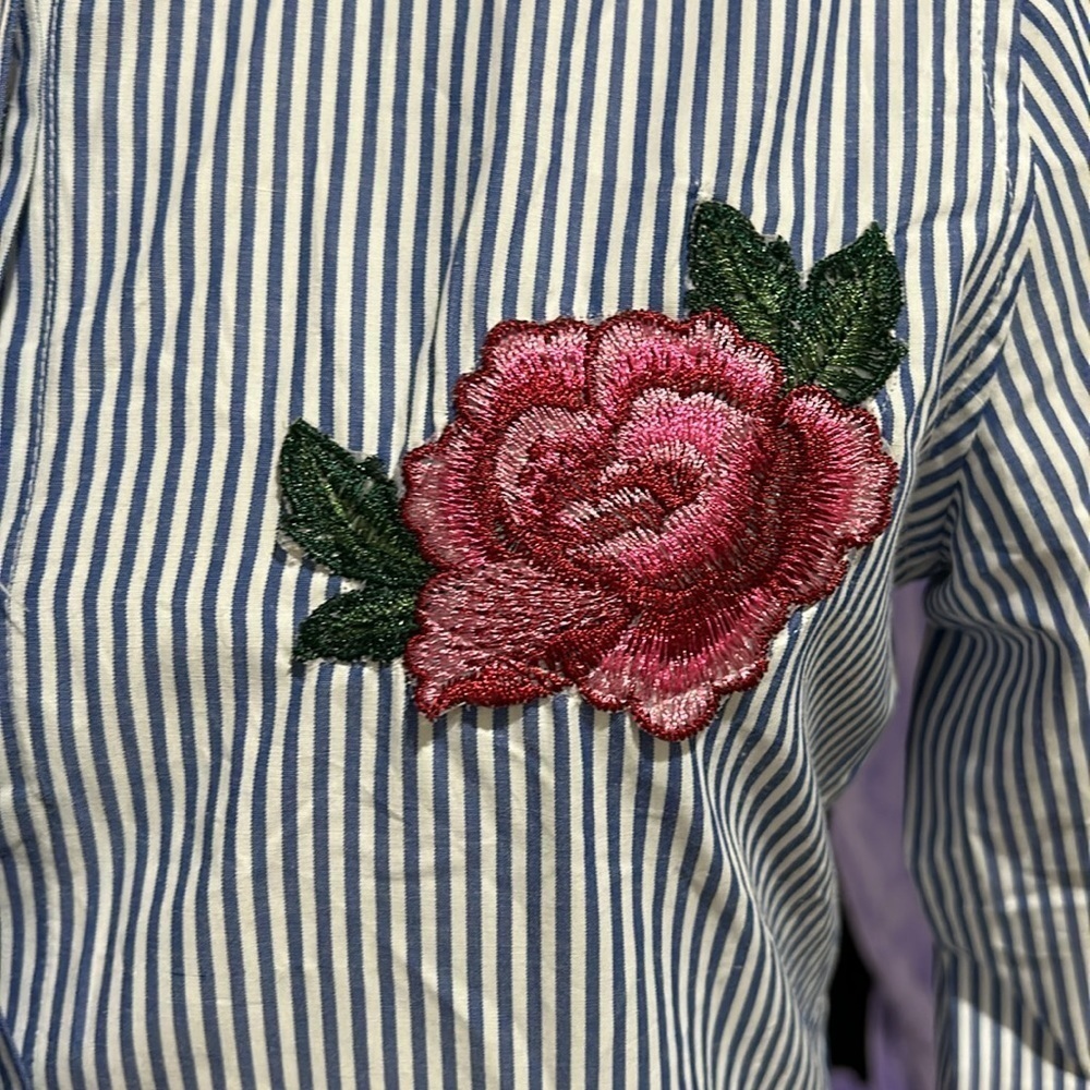Striped Embroidered Button-down Blouse Tunic Dresa - Picture 4 of 10